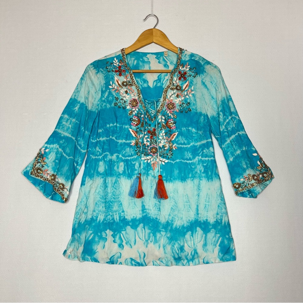 Soft Surroundings Icon Beverly Tunic Sky Blue Tie Dye Size PS